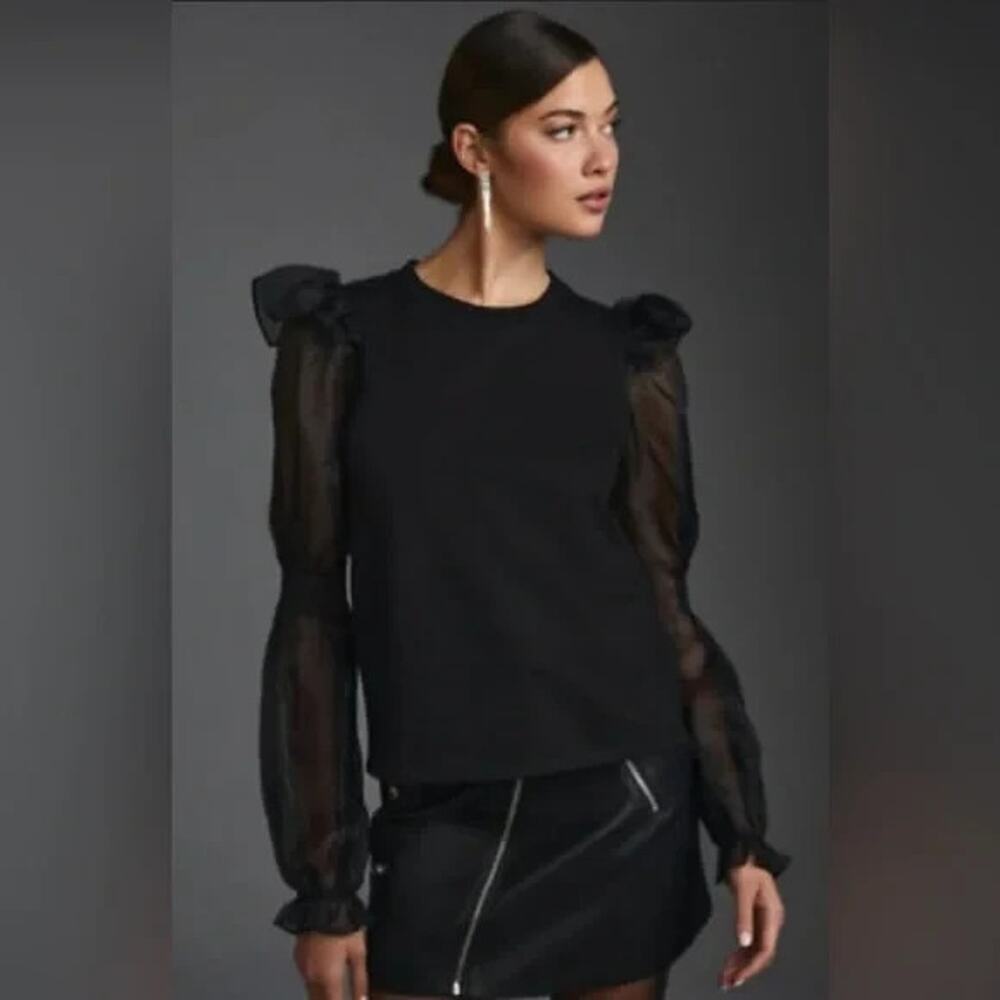 Anthropologie Black Puff Sheer Long Sleeve Blouse Women’s Size M Romantic Top